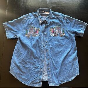 Bobbie Brooks Blue Casual Button Down Shirt with Embroidery Denim Garden